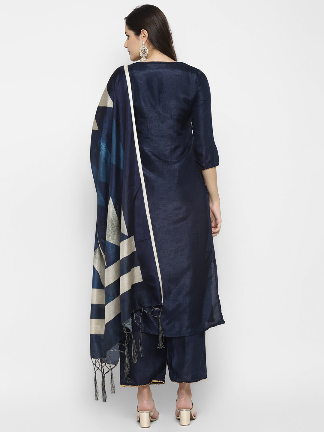 Women's Navy Blue Color Silk Blend Straight Kurta Palazzo With Dupatta - VAABA