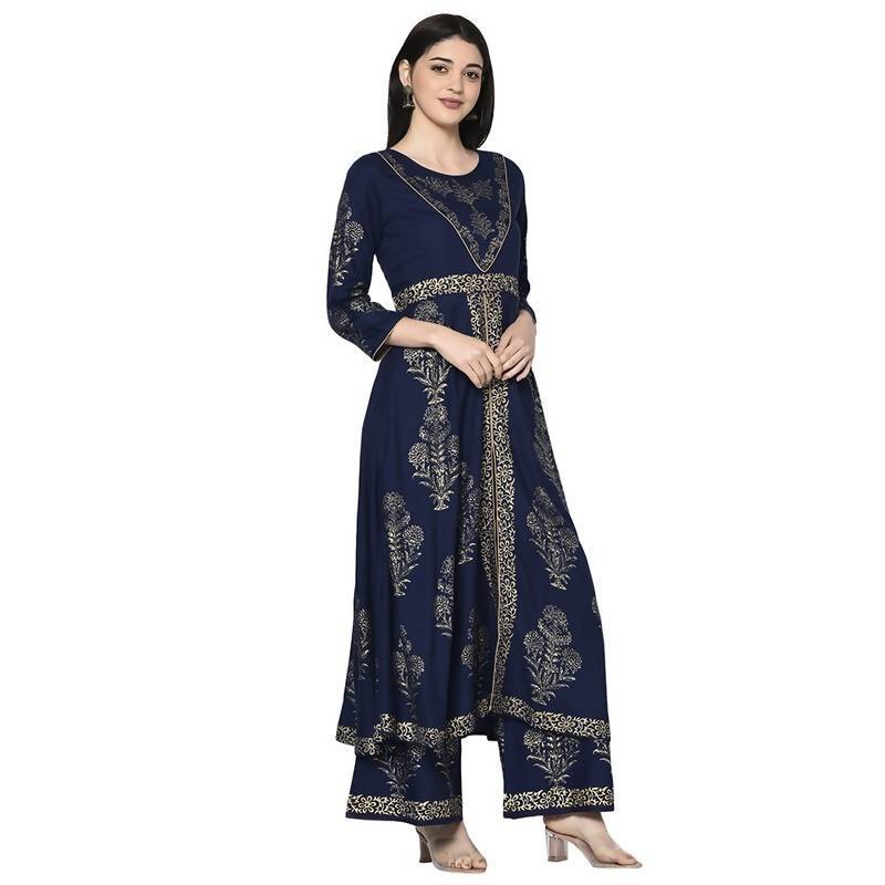 Women's Navy Blue Rayon Foil print Anarkali kurta