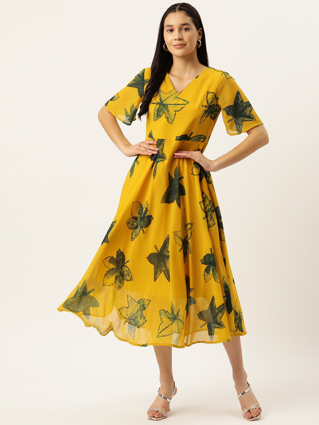 Women's V-Neck Ethnic Dress Yellow Dress - VAABA