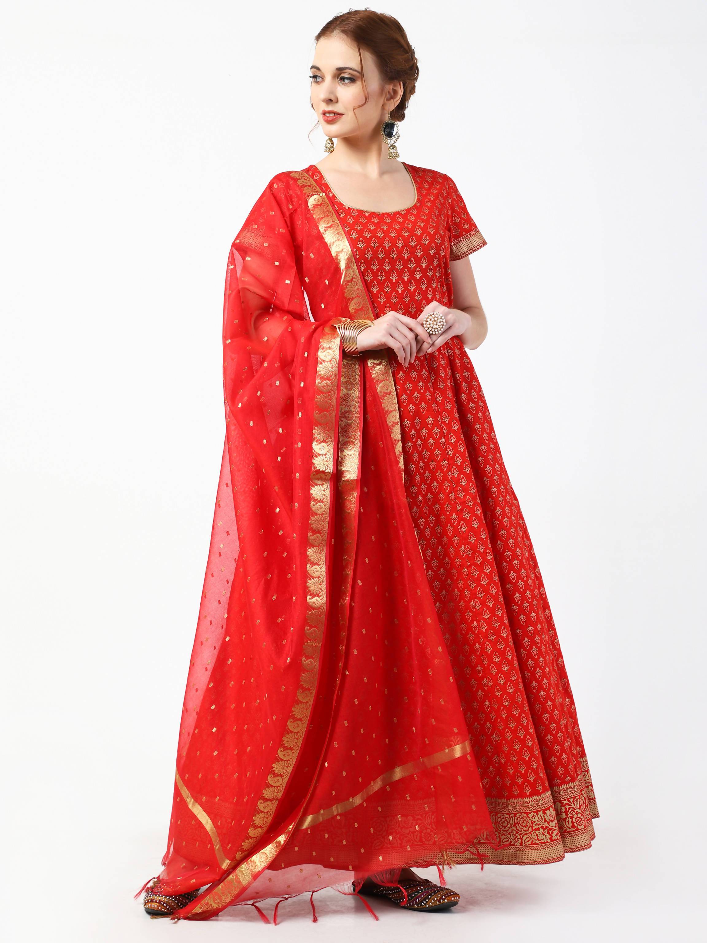 Women's Red Cotton Hand Block Print Long Dress With Silk Dupatta Set - Cheera