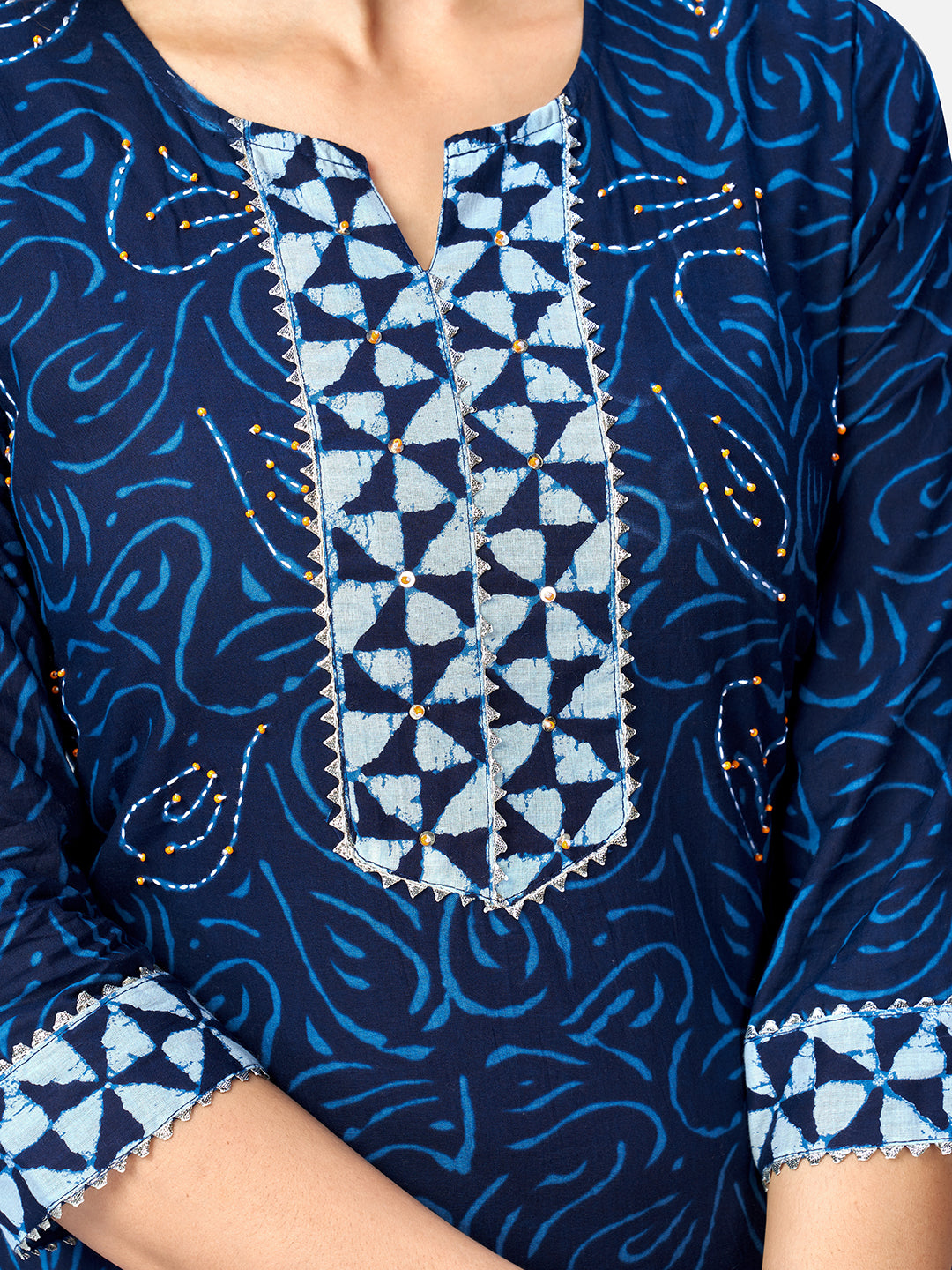 Women's Shibori Print & Sequence Straight Cotton Blue Kurta Pant With Dupatta (3Pcs Set) - Vbuyz