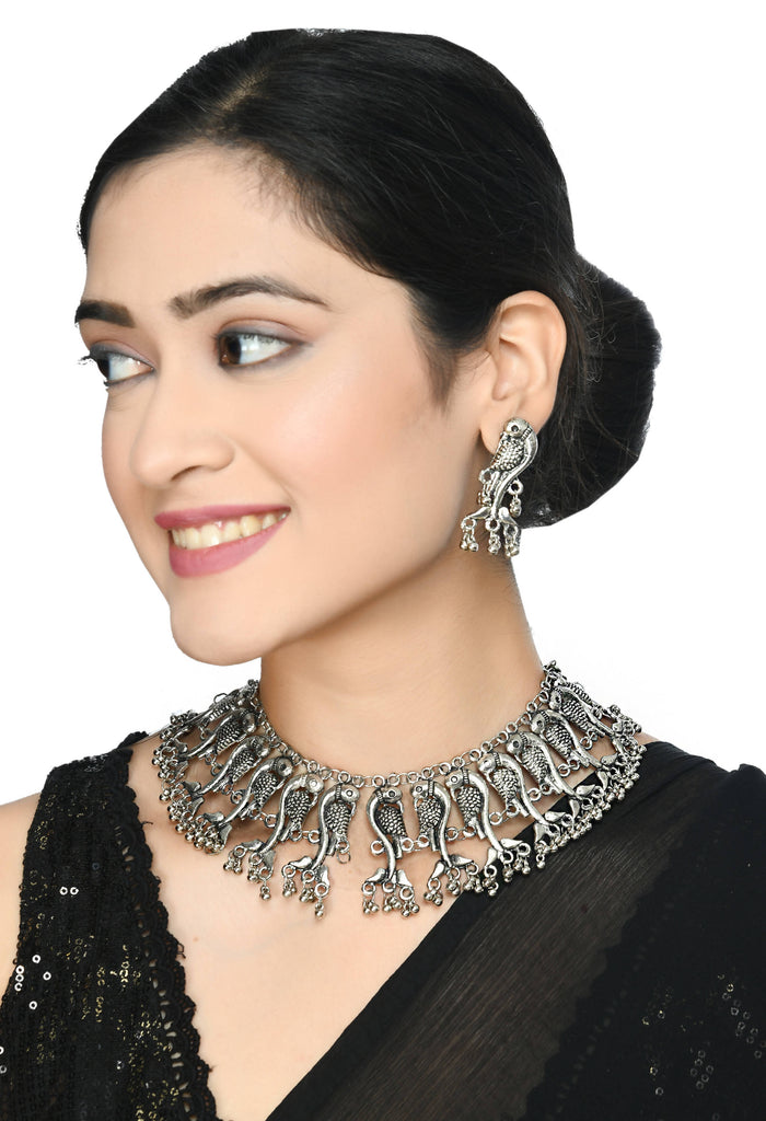 Trendia Parrot Design Silver color Choker with ghungru Nec