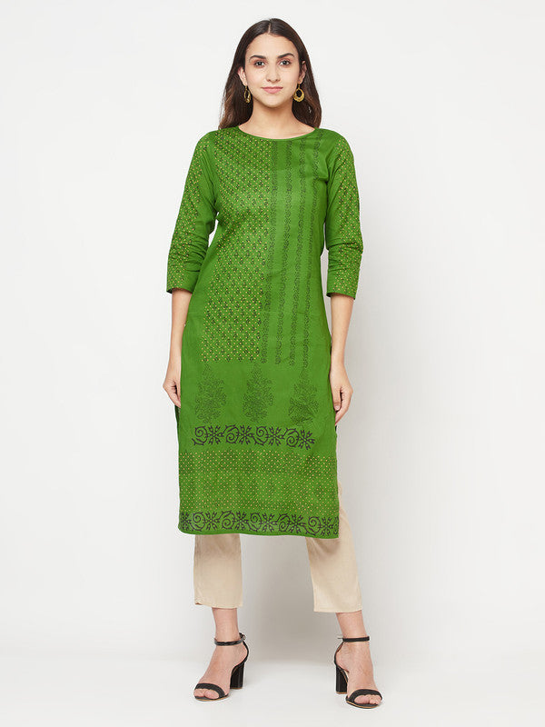 Women's Cotton Block print straight kurta,Gre