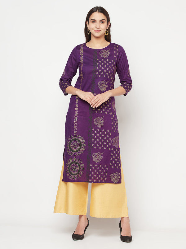 Women's Cotton Foil print straight kurta,Purp