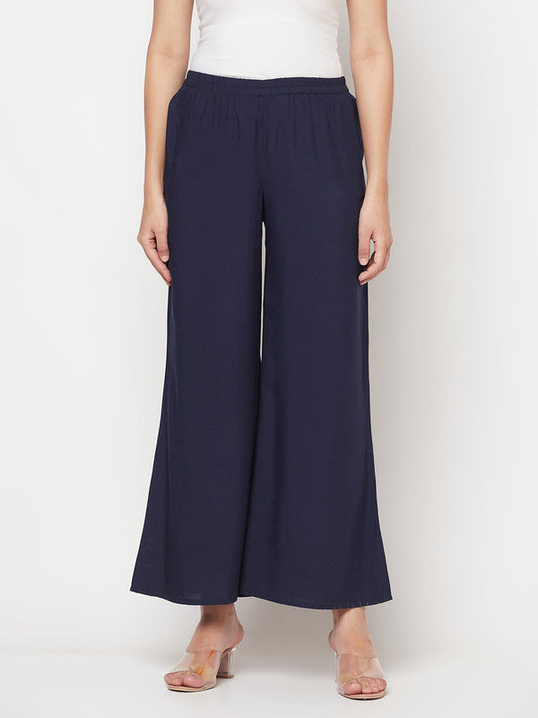 Women's Rayon Flared slip-on Palazzo,Navy Bl