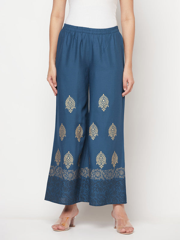 Women's Rayon Block Print Flared slip-on Palazzo,Bl