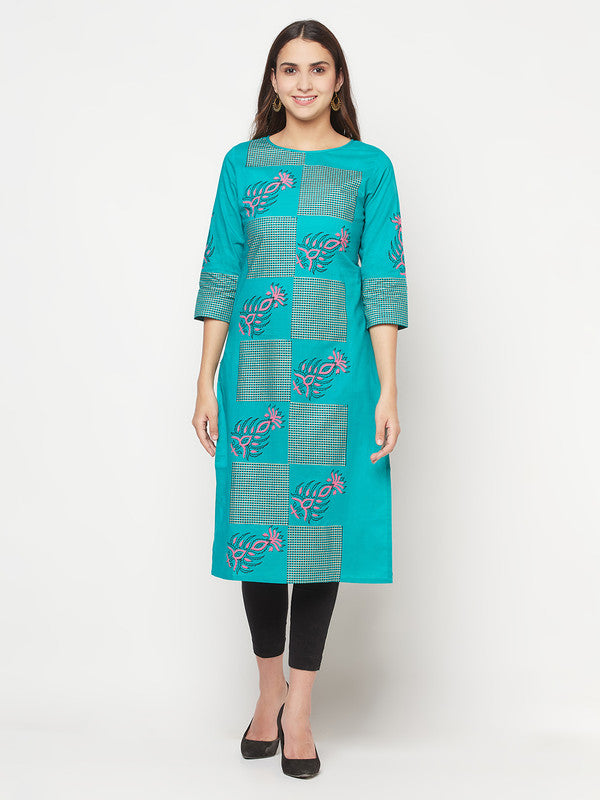 Women's Cotton Block print straight kurta,Turquoise-Aniyah