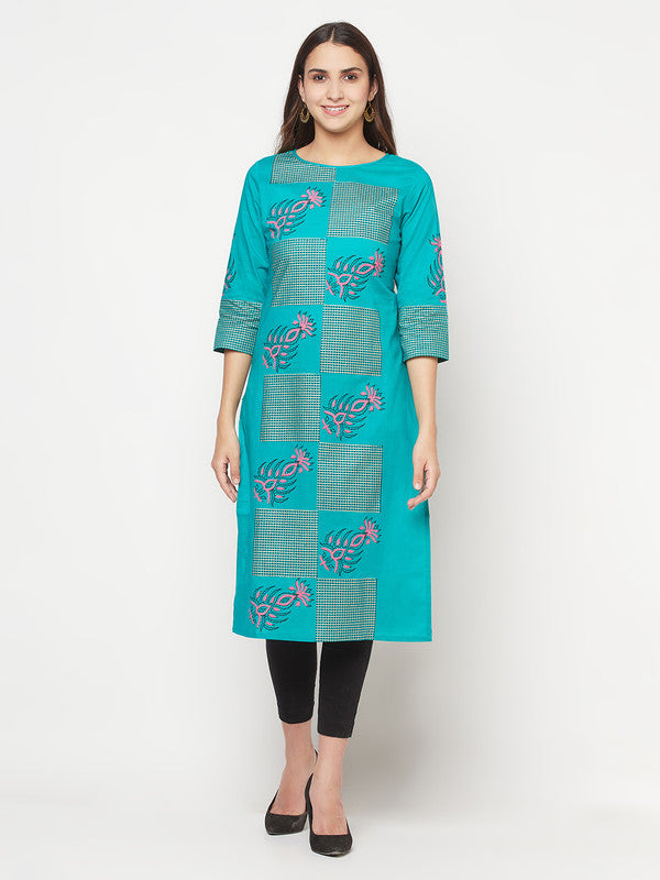 Women's Cotton Block print straight kurta,Turquoi