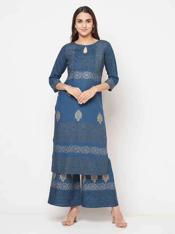 Women's Rayon Block print Straight Kurta palazzo set,Bl
