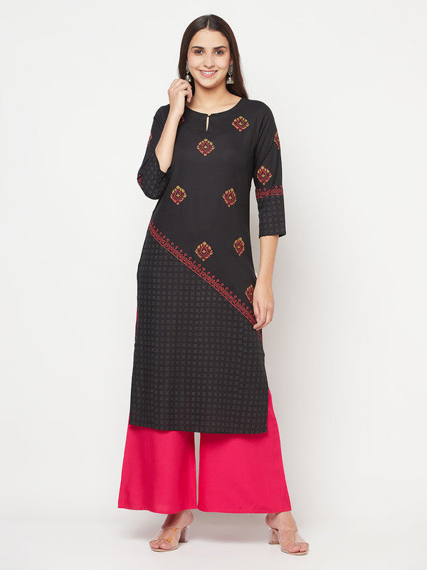 Women's Rayon Block print straight kurta,Bla