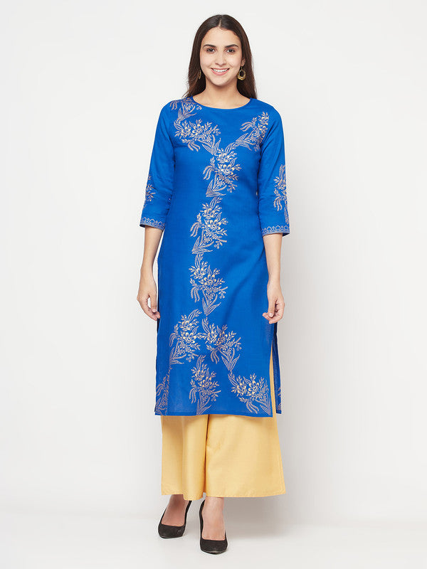 Women's Cotton Foil print straight kurta,Royal Bl
