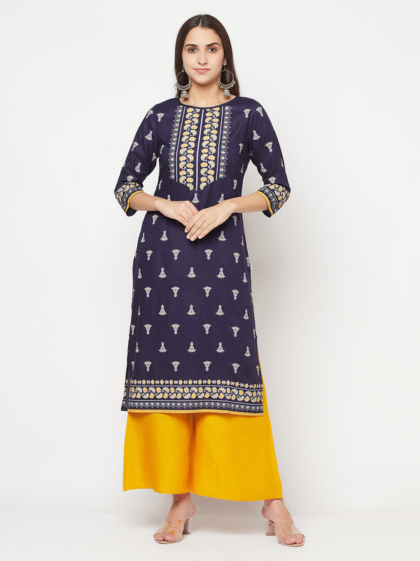 Women's Rayon Screen print straight kurta,Navy Bl