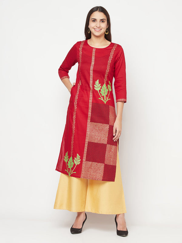 Women's Cotton Foil print straight kurta,Maroon-Aniyah