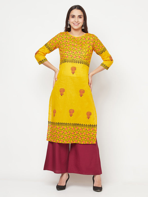 Women's Cotton Block print straight kurta,Musta