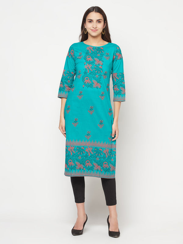 Women's Cotton Block print straight kurta,Turquoi