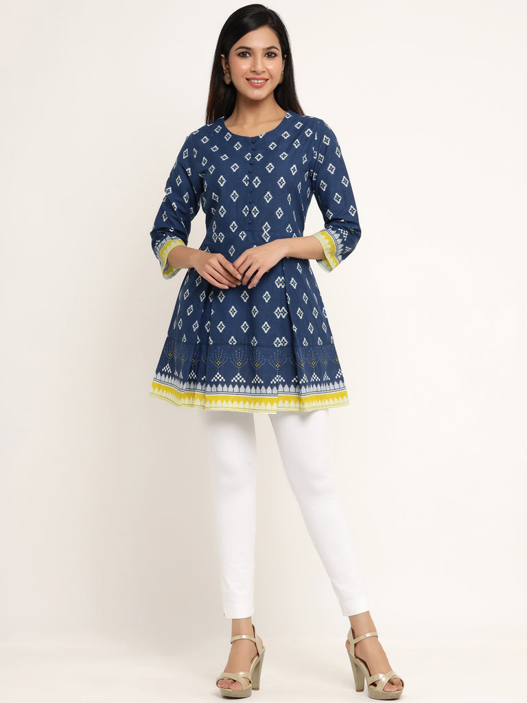 Women's Self Desgin Cotton Fabric Short Kurta Blue Color