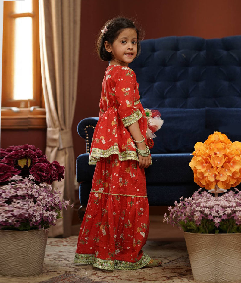 Girl's Red Cotton Print Kurti Sharara - Fayon Kids