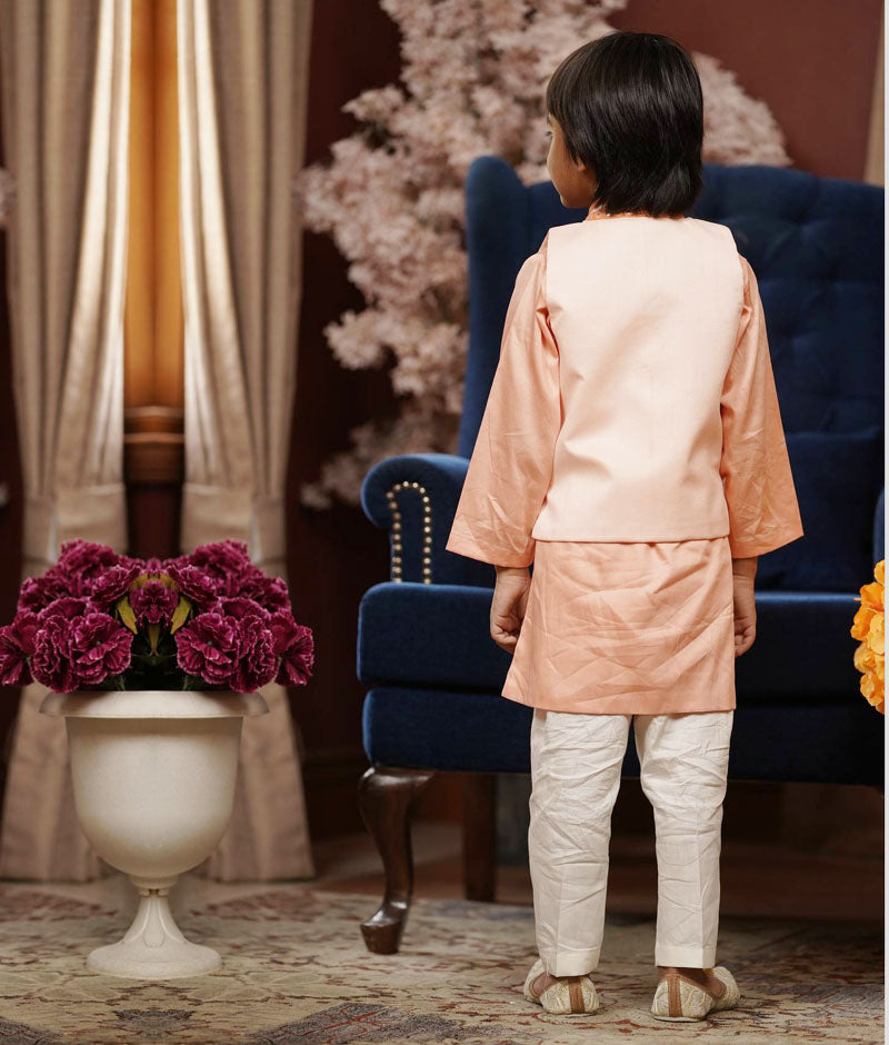 Boy's Peach Gotta Embroidery Nehru Jacket Set