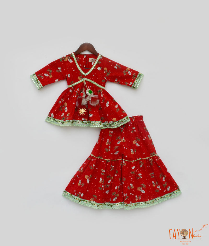 Girl's Red Cotton Print Kurti Sharara - Fayon Kids