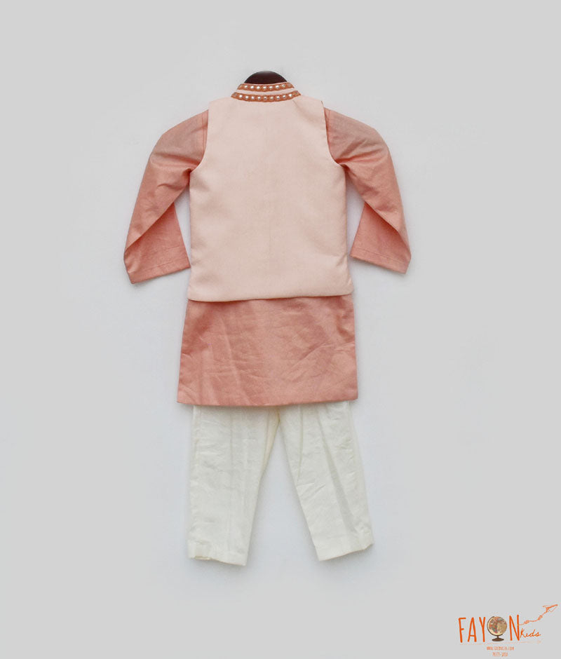 Boy's Peach Gotta Embroidery Nehru Jacket Set - Fayon Kids