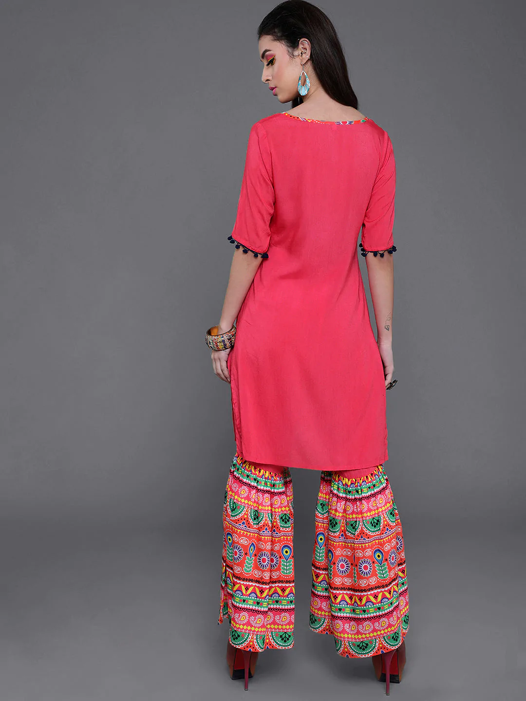 Women's Pink & Green Printed Kurta With Sharara Set - Navyaa