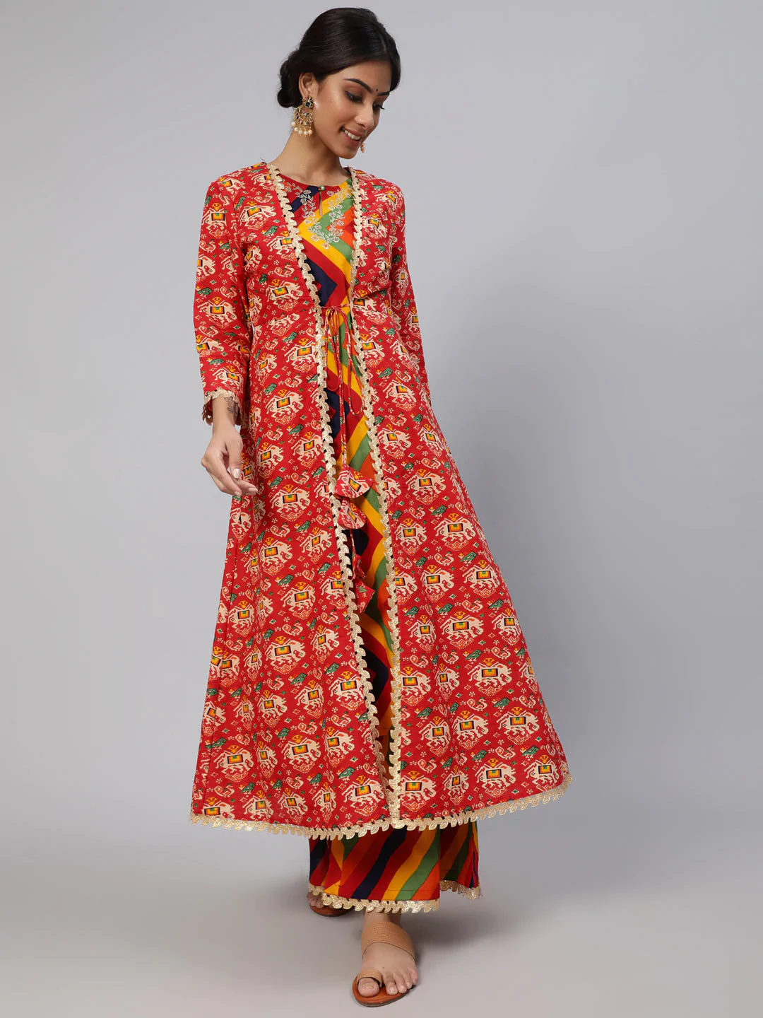 Women's Red & Yellow Leheriya Printed Embroidered Kurta Set With Jacket Set - Navyaa