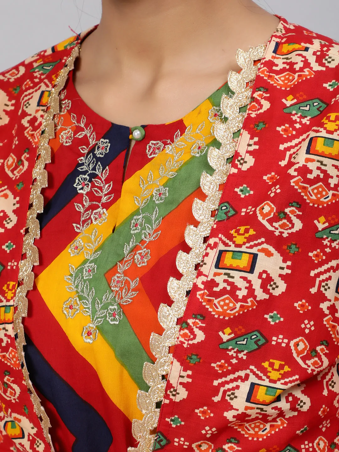 Women's Red & Yellow Leheriya Printed Embroidered Kurta Set With Jacket Set - Navyaa