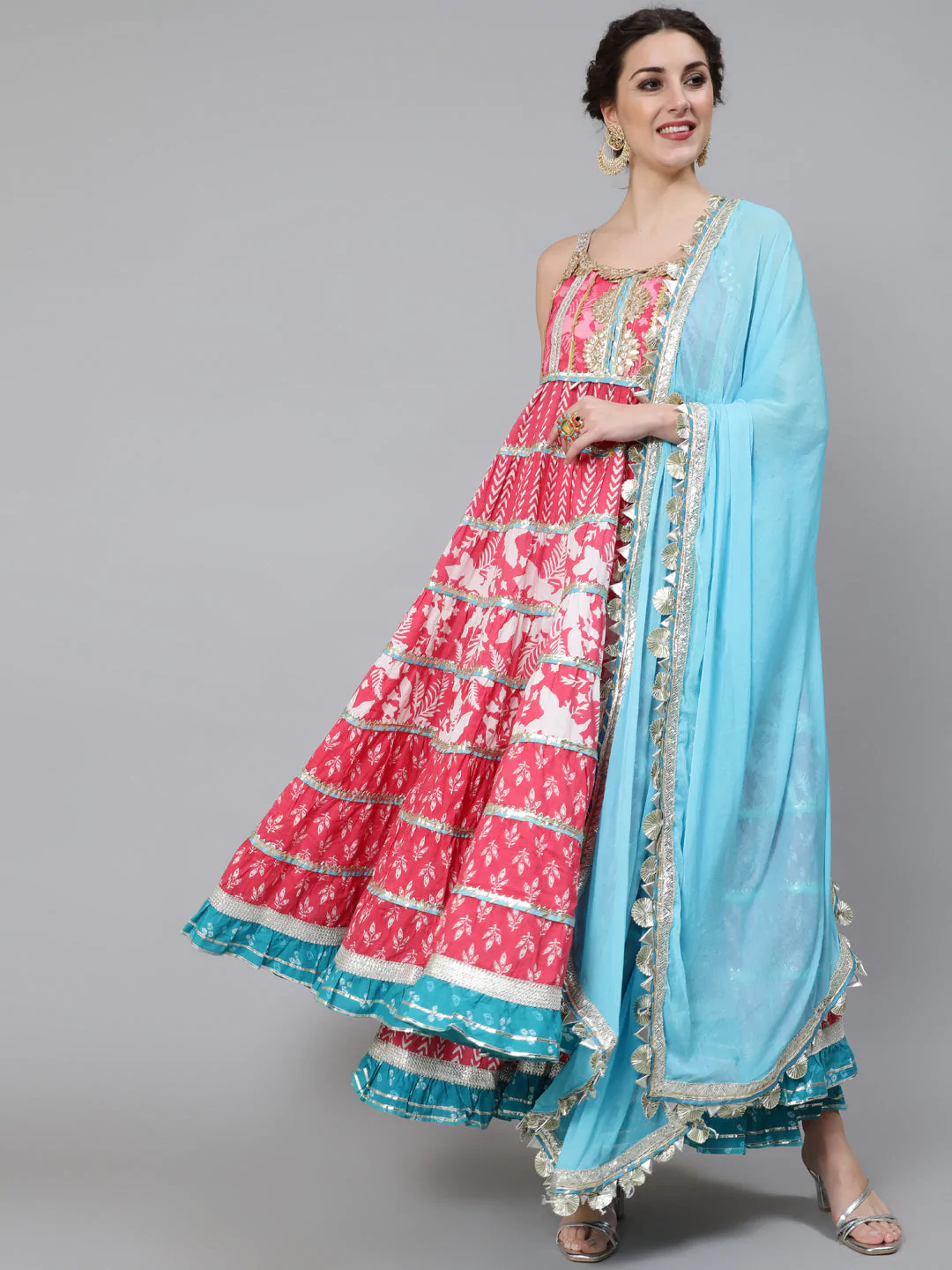 Women's Pink & White Printed Lace Work Anarkali & Sharara With Blue Dupatta Set - Navyaa