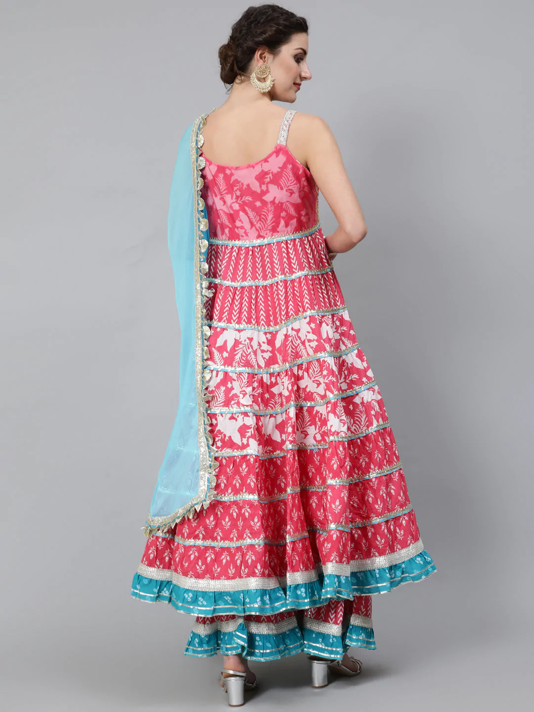 Women's Pink & White Printed Lace Work Anarkali & Sharara With Blue Dupatta Set - Navyaa
