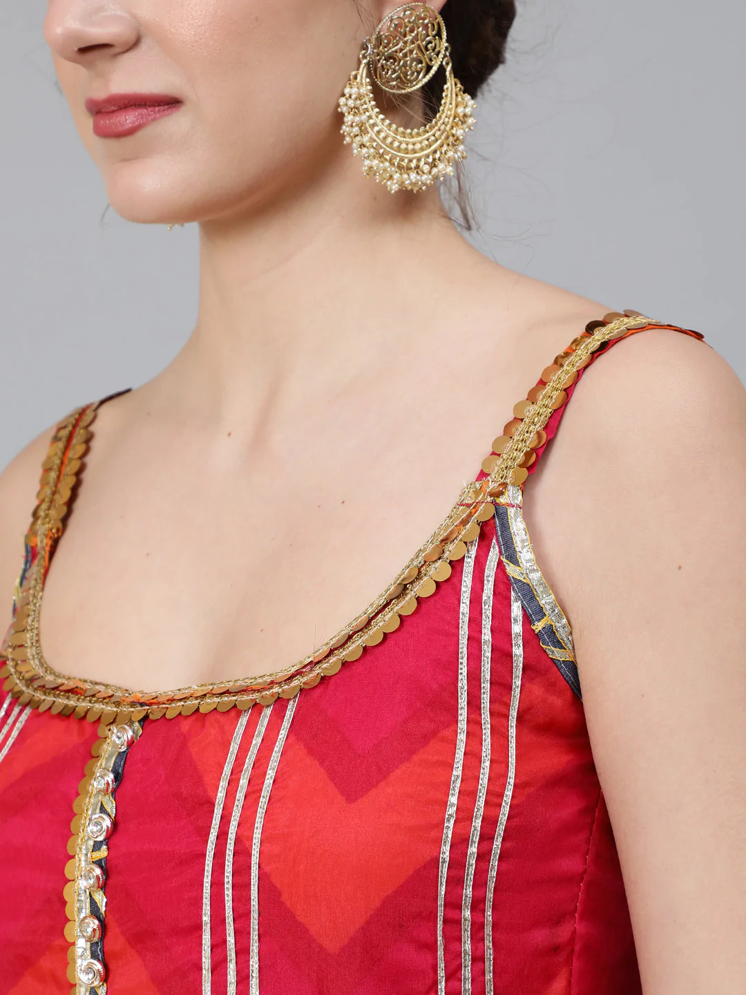 Women's Orange & Pink Printed Lace Work Anarkali & Skirt With Dupatta Set - Navyaa