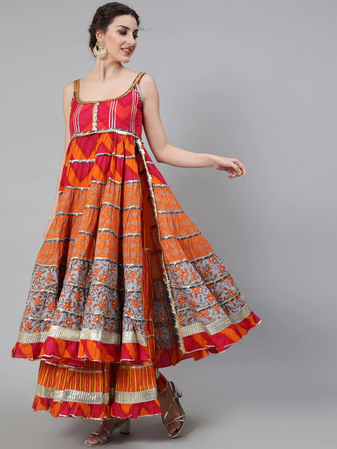 Women's Orange & Pink Printed Lace Work Anarkali & Skirt With Dupatta Set - Navyaa