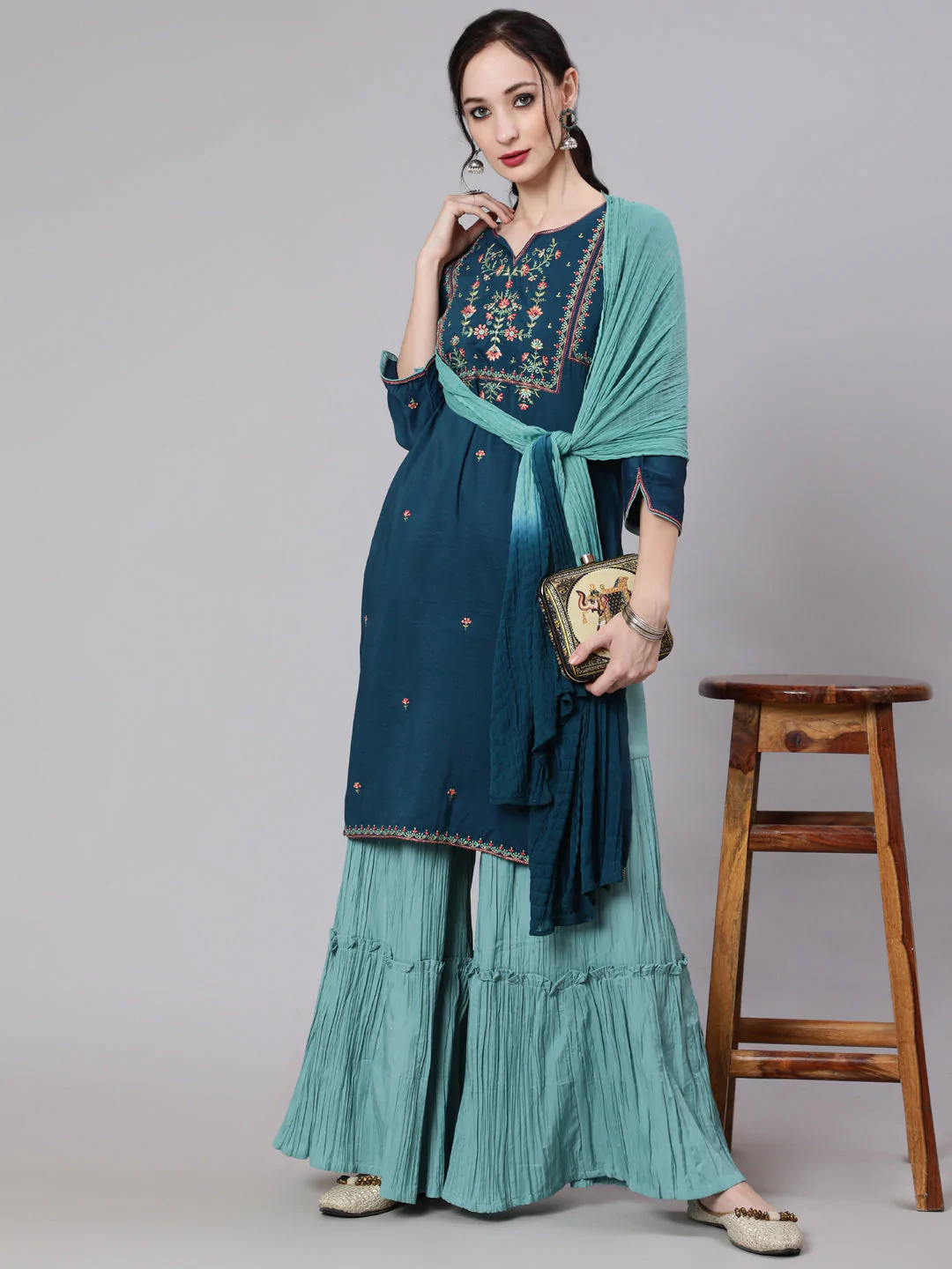 Women's Blue Embroidered Kurta & Pleated Sharara With Dupatta Set - Navyaa