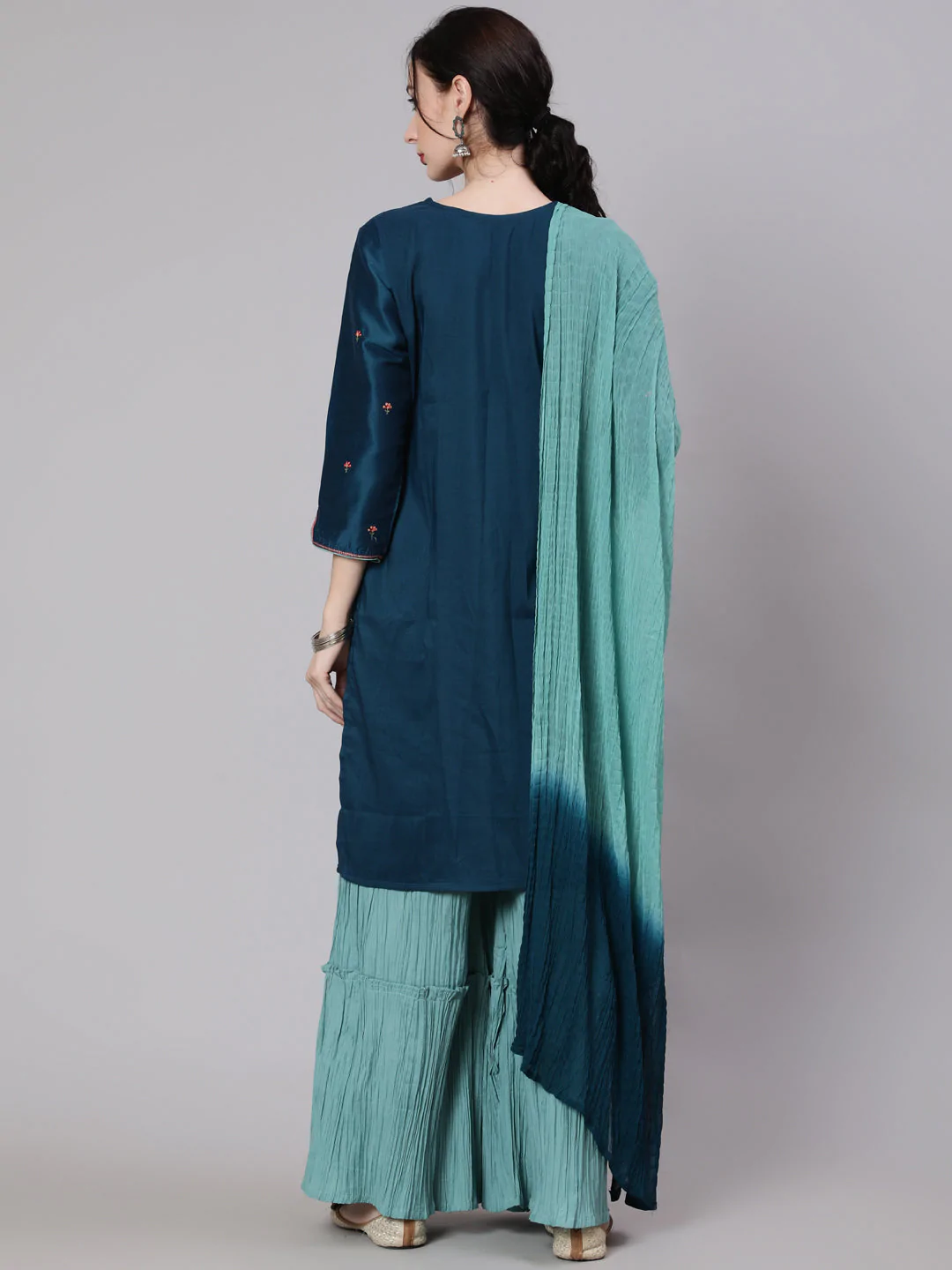 Women's Blue Embroidered Kurta & Pleated Sharara With Dupatta Set - Navyaa