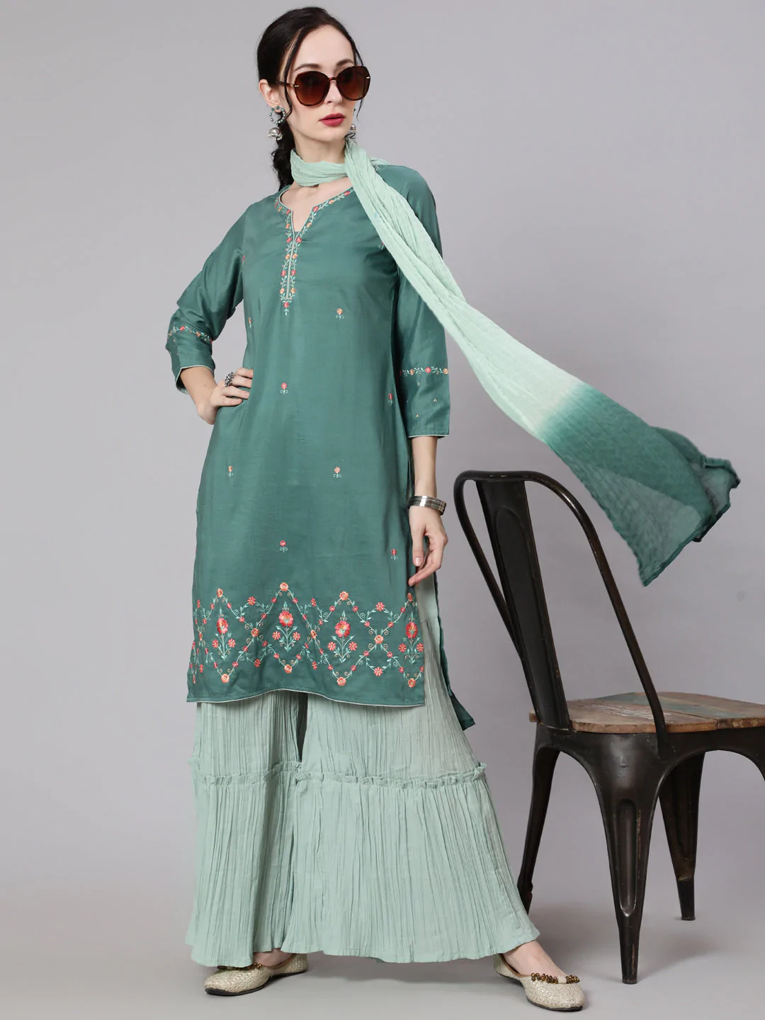 Women's Green Embroidered Kurta & Pleated Sharara With Dupatta Set - Navyaa