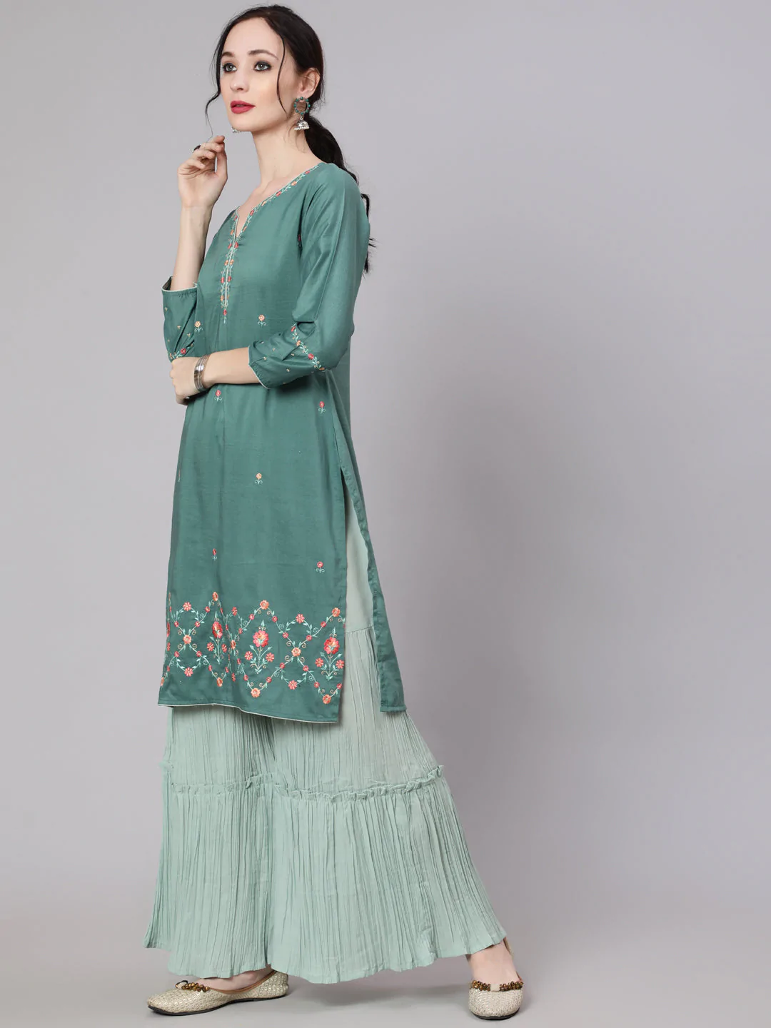 Women's Green Embroidered Kurta & Pleated Sharara With Dupatta Set - Navyaa