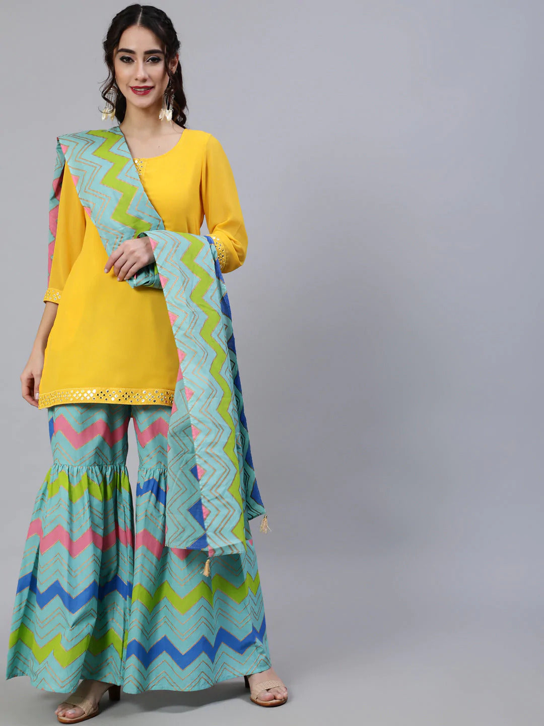 Women's Yellow & Blue Leheriya Gold Printed Kurta & Sharara With Dupatta Set - Navyaa