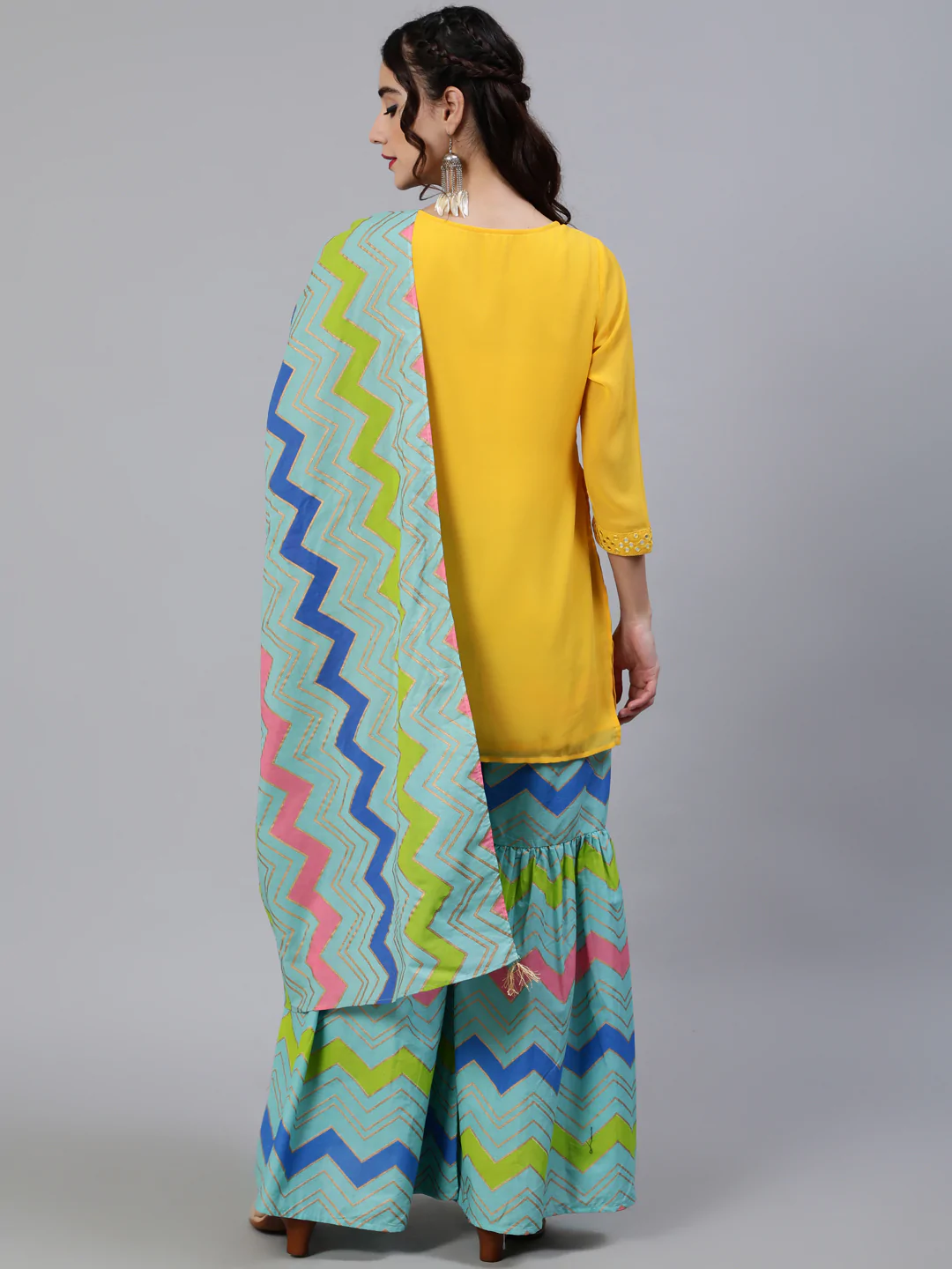 Women's Yellow & Blue Leheriya Gold Printed Kurta & Sharara With Dupatta Set - Navyaa