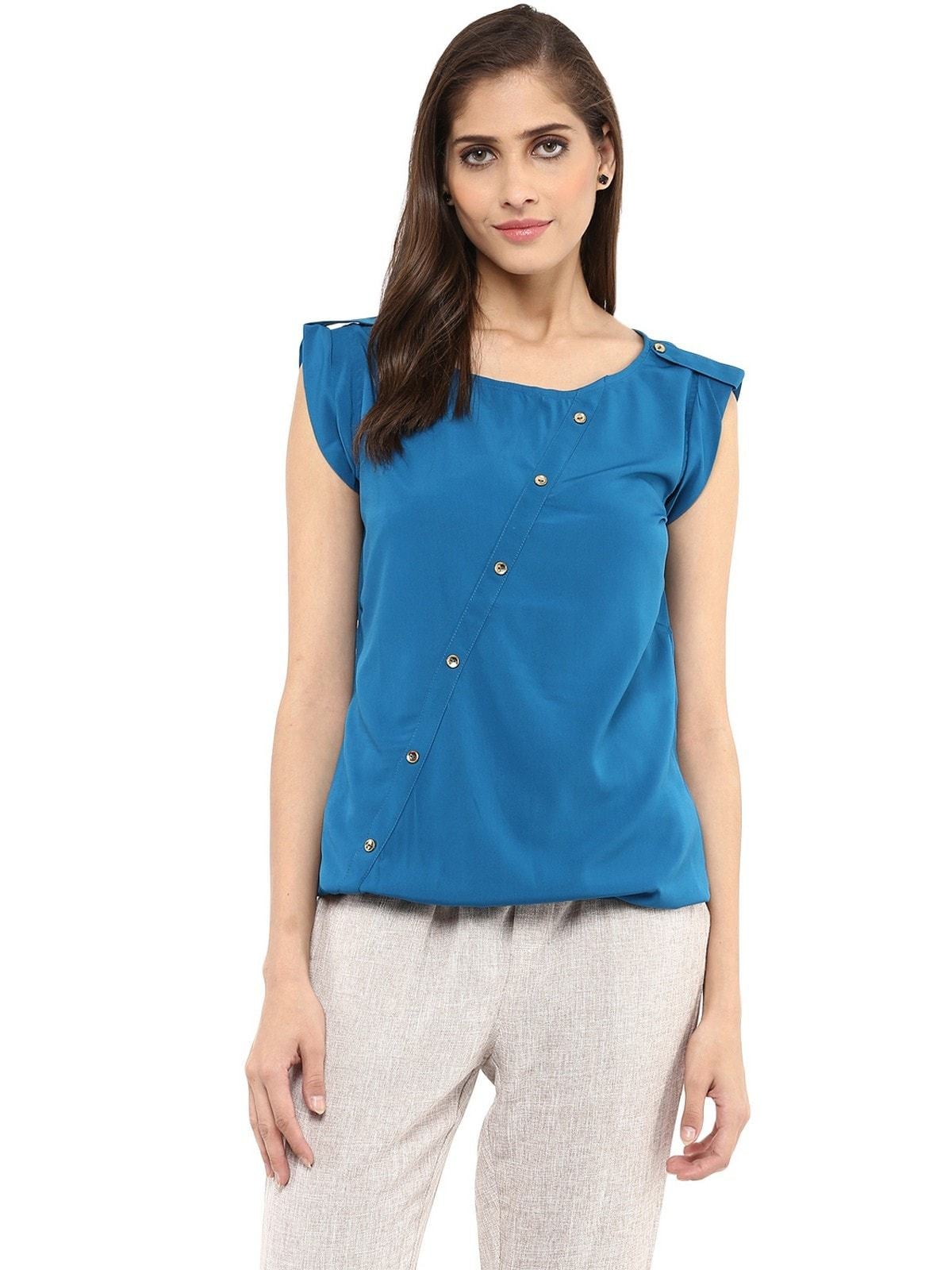 Women's Blue Top With Fake Shoulder-Tab - Pannkh