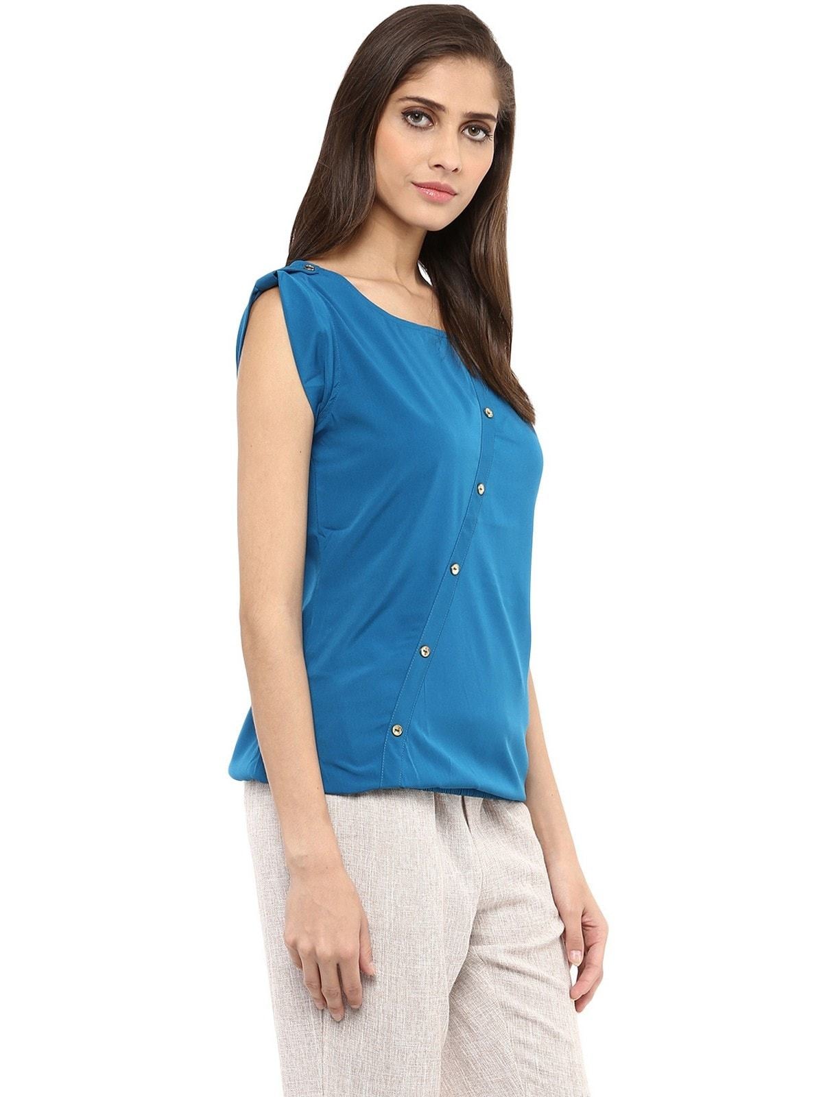Women's Blue Top With Fake Shoulder-Tab - Pannkh