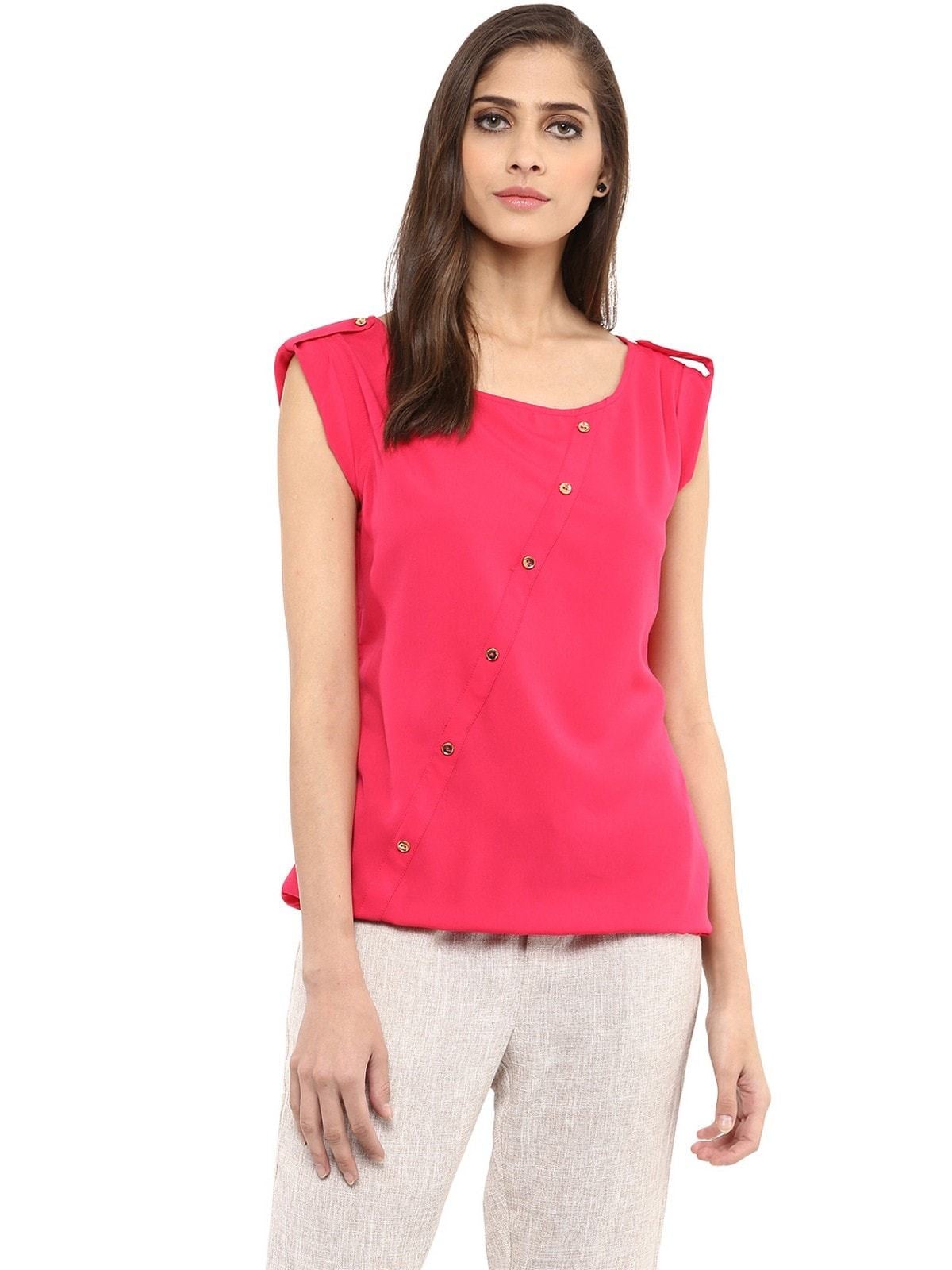 Women's Pink Top With Fake Shoulder-Tab - Pannkh