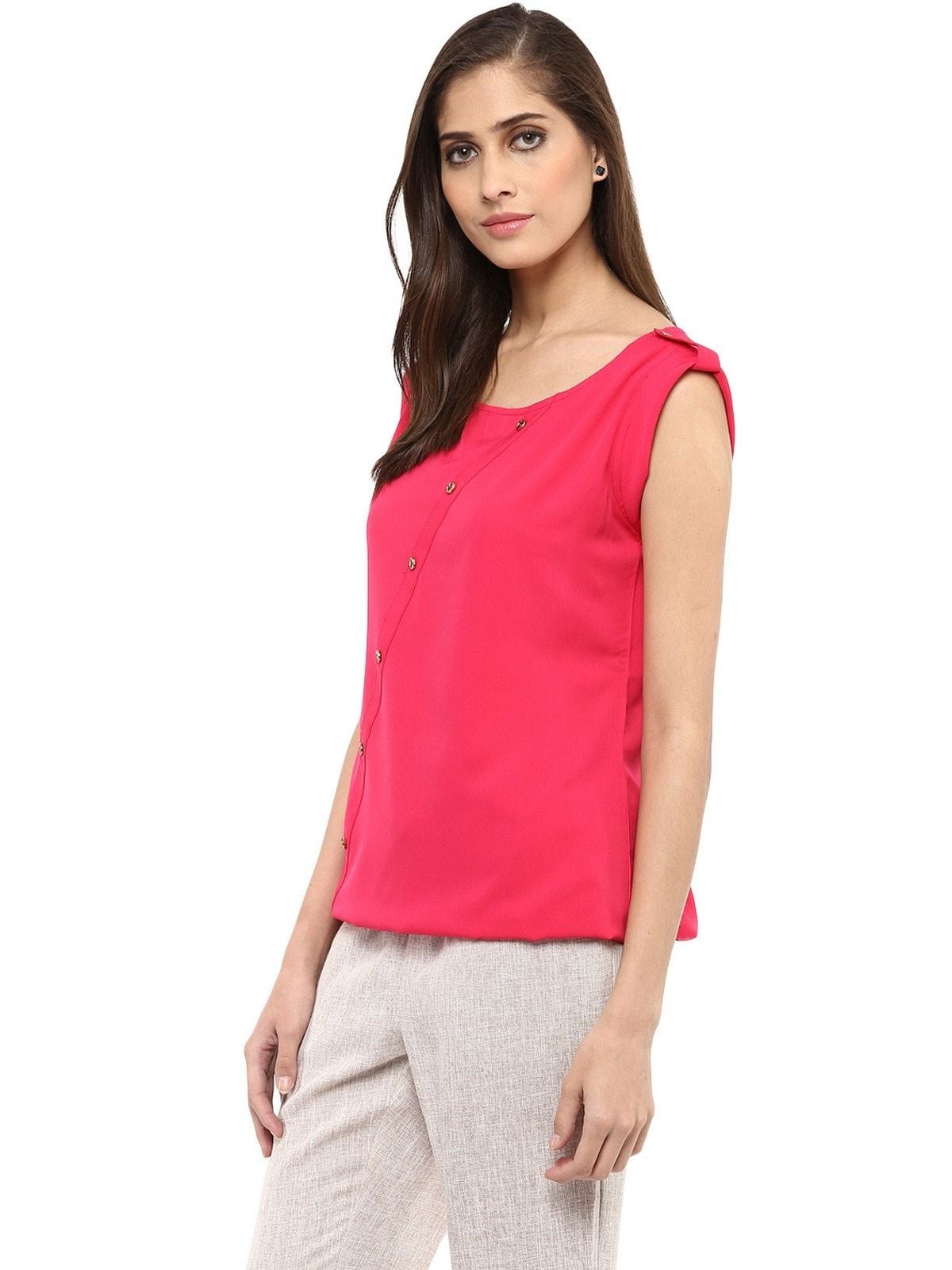 Women's Pink Top With Fake Shoulder-Tab - Pannkh