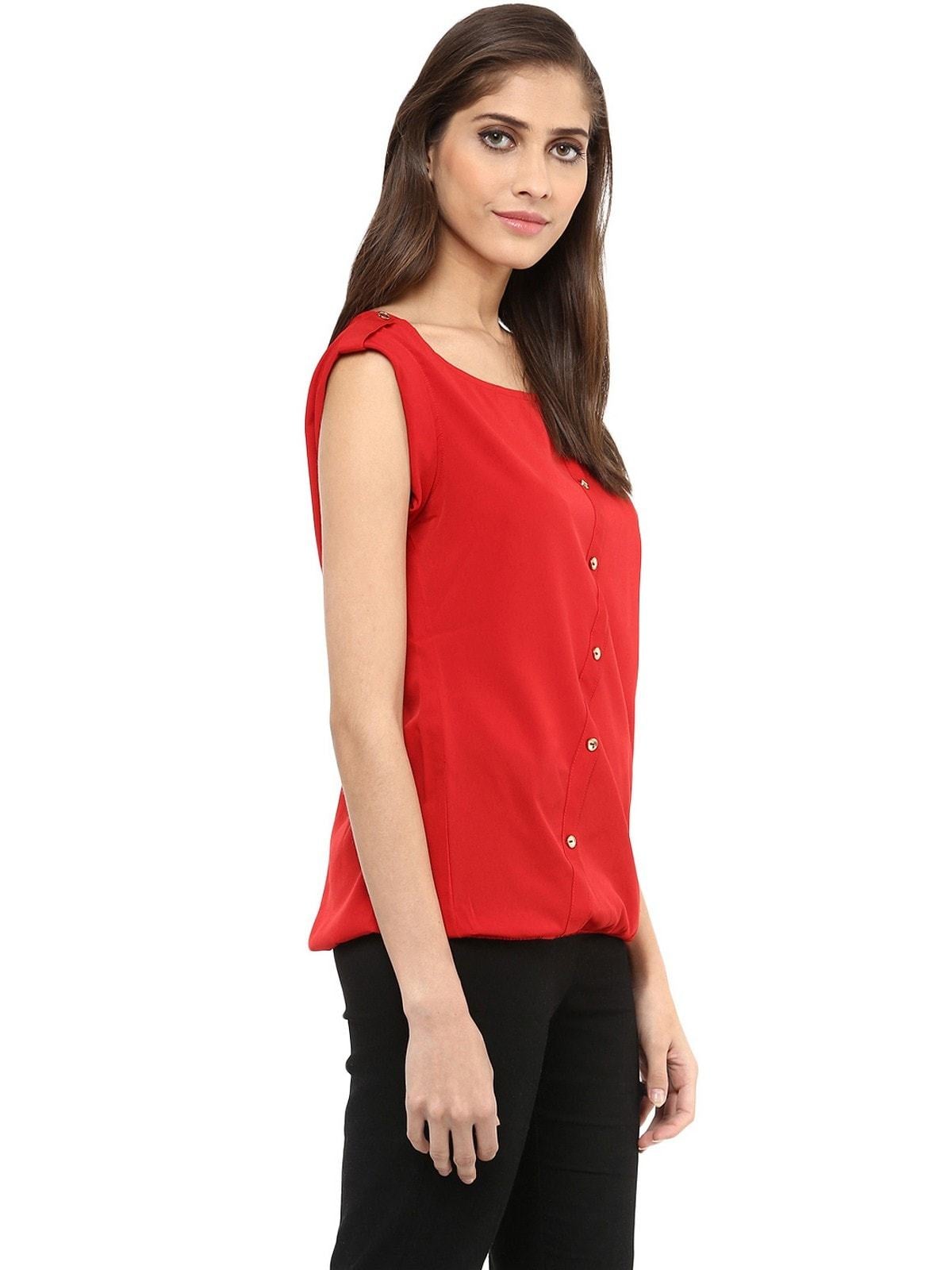 Women's Red Top With Fake Shoulder-Tab - Pannkh