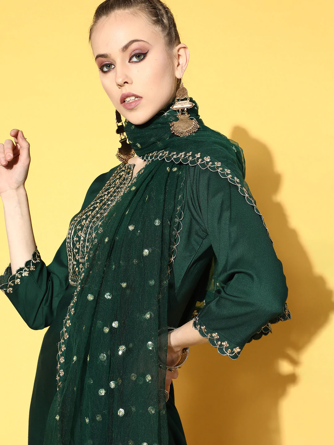 Women's Green Embroidered Straight Kurta With Plazo & Dupatta - Navyaa