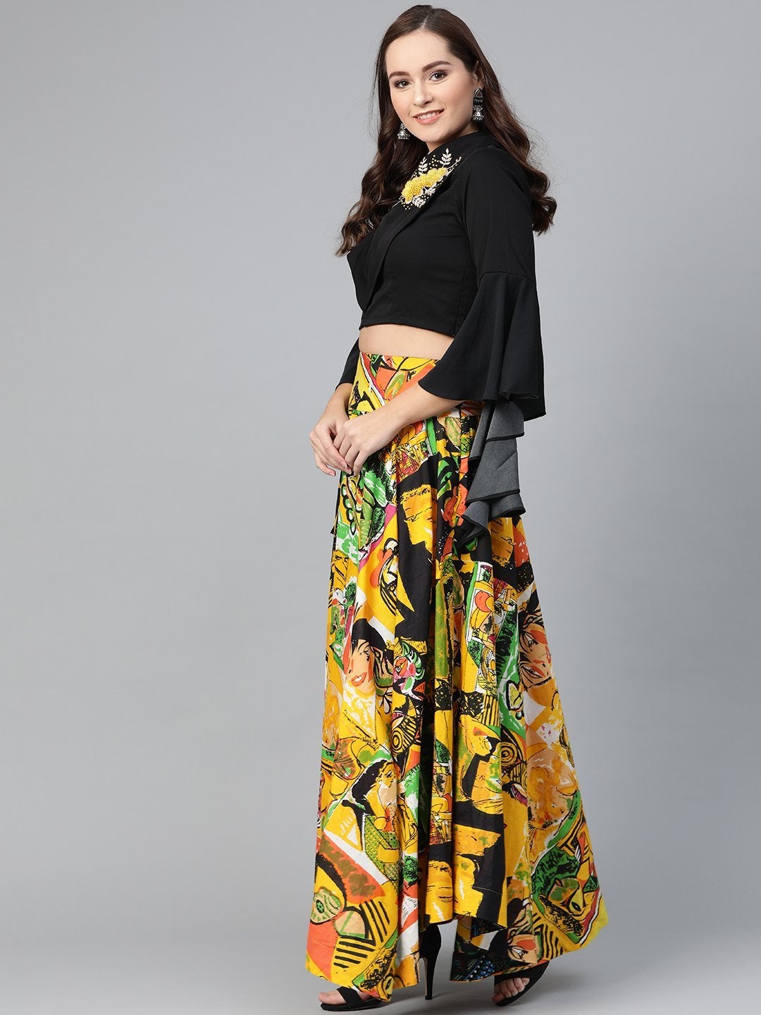 Women's Embroidered Crop Top With Picasso Printed Skirt - Pannkh