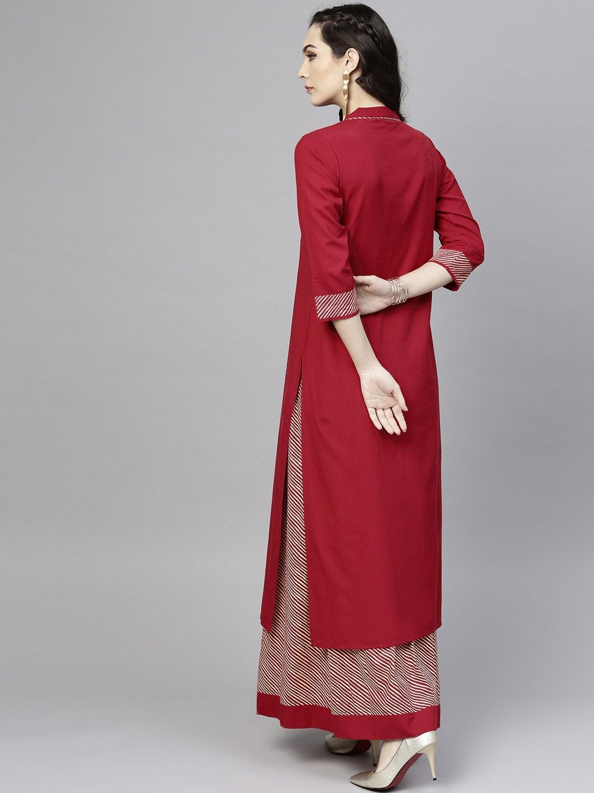 Women's Solid Kurta With Printed Stripe Skirt - Pannkh