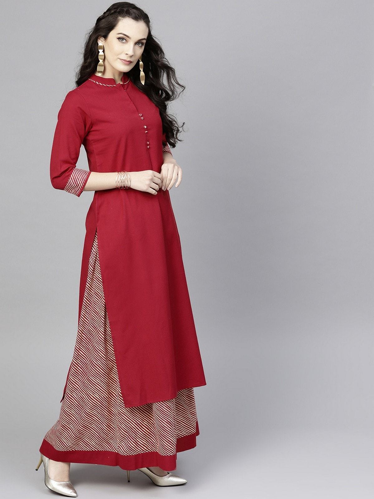 Women's Solid Kurta With Printed Stripe Skirt - Pannkh