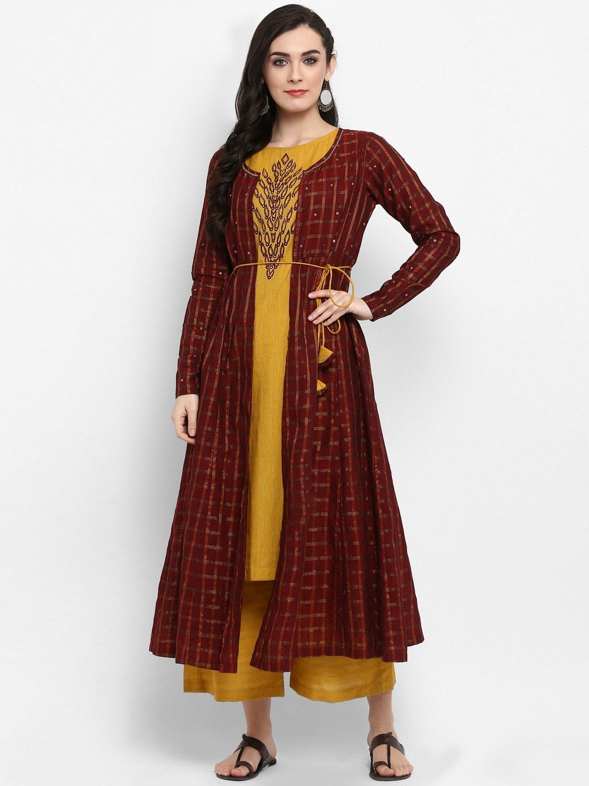 Women's Handloom Embroidered Top With Jacket And Pants - Pannkh
