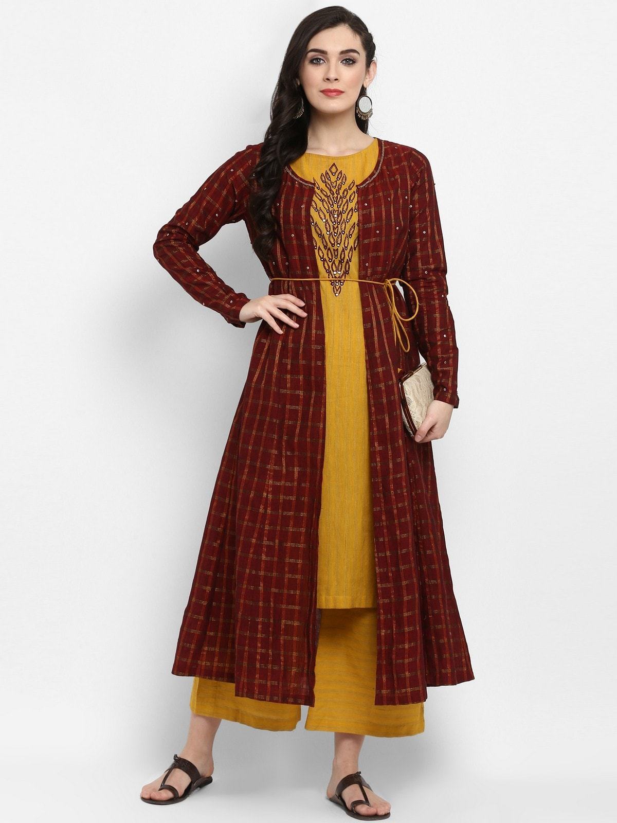 Women's Handloom Embroidered Top With Jacket And Pants - Pannkh