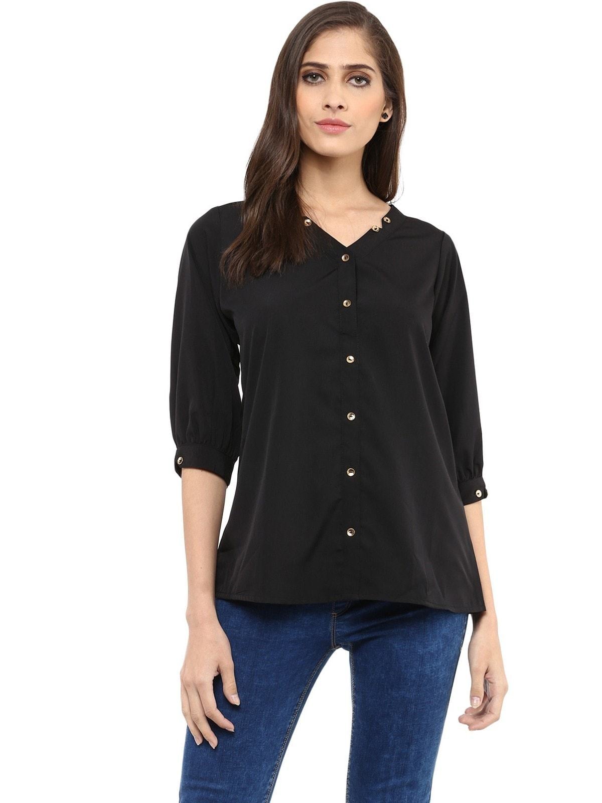 Women's Black  Shirt Top With Detailed Notch Designs - Pannkh