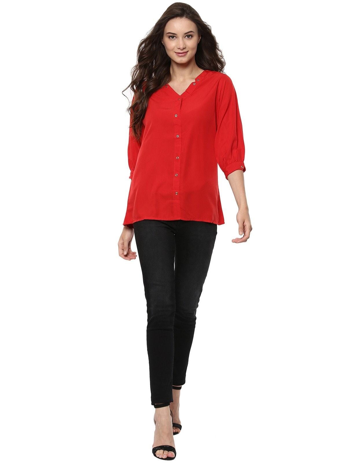 Women's Red Shirt Top With Detailed Notch Designs - Pannkh
